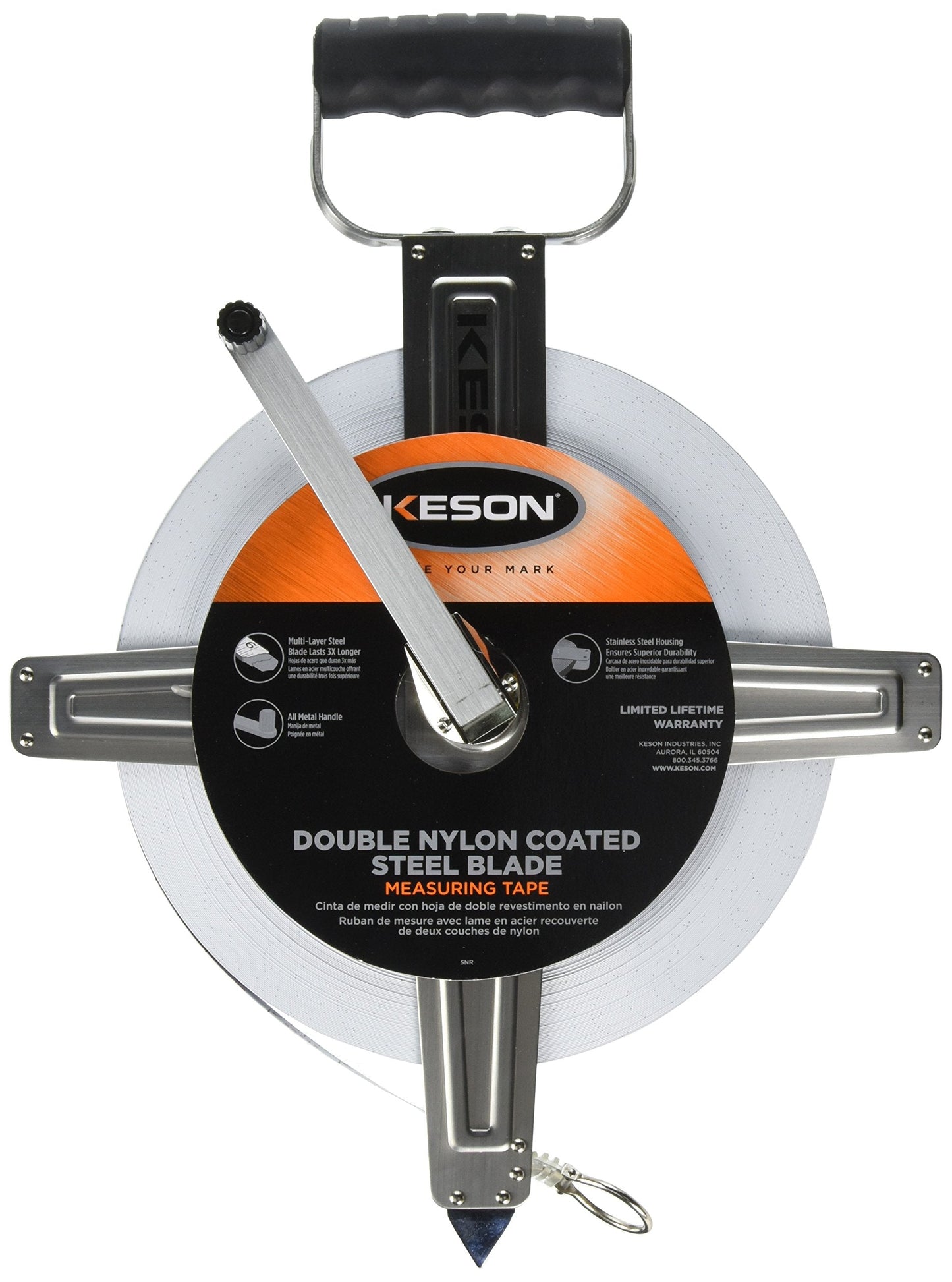 Keson SNR10300E Nylon-Reinforced Steel Blade Tape Measure with Stainless Steel Housing, Zero Point at Tape End and Ring End (Graduations: ft, 1/10, 1/00), 300-Foot