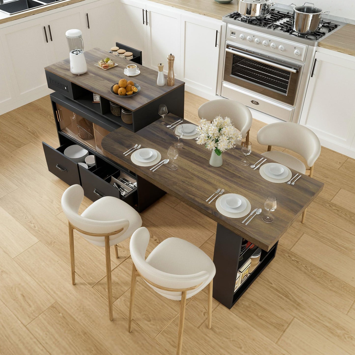Kitchen Island with Extendable Table,Rolling Kitchen Table with Storage & Seating,Built in Power Outlet, Kitchen Island with Lockable Wheels for Kitchen Island Table with Drawers Rotatable Table Black
