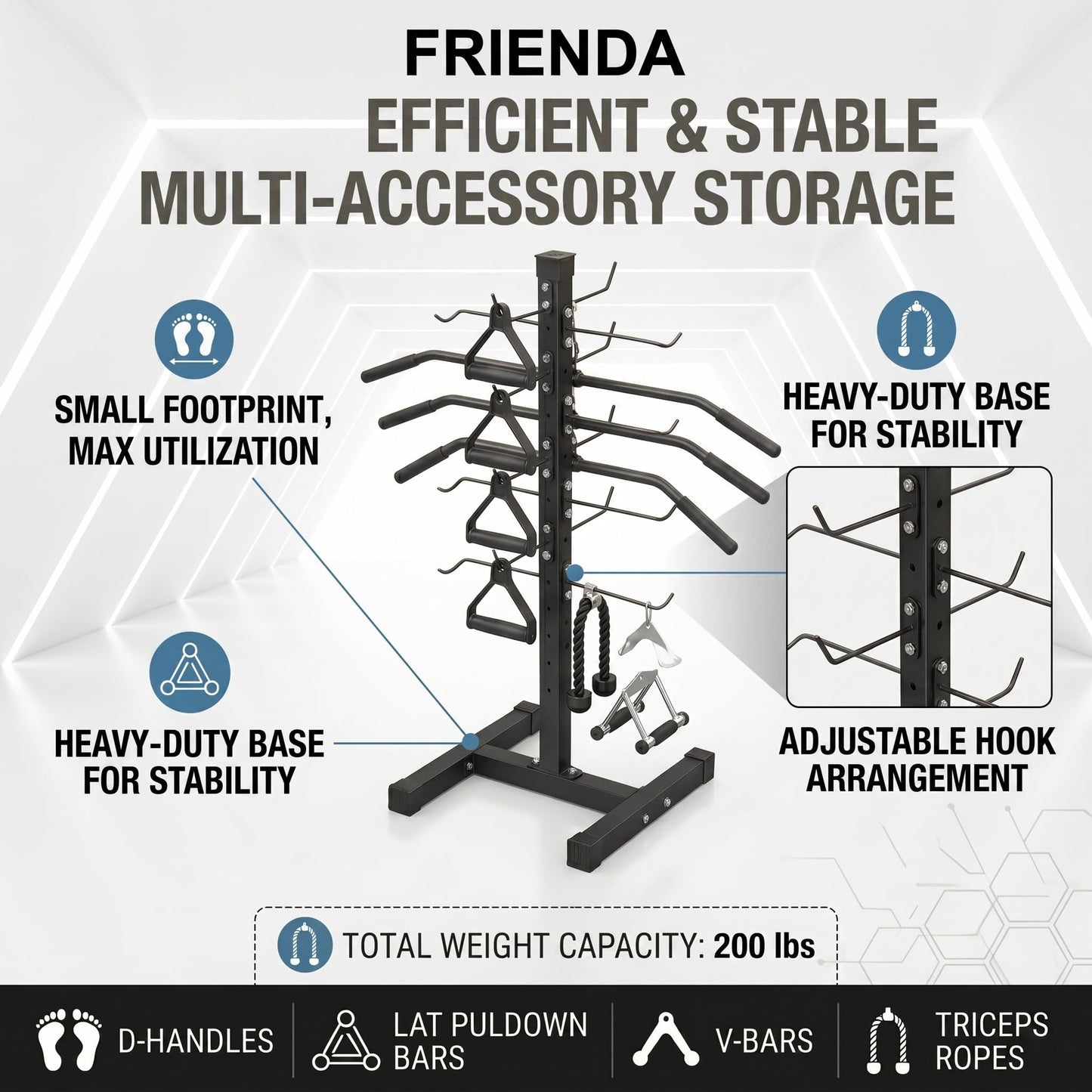 Frienda Steel Lat Bar Organizer, Home Gym Accessories, Lat Pulldown Attachments Cable Attachment Storage Rack Cable Attachments for Gym Rack Storage Heavy Duty Steel Organizer Home Use