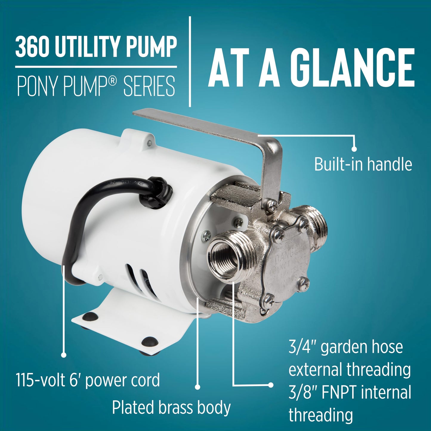 Little Giant 360 115V, 360 GPH, 1/10 HP, Plated Brass Non-Submersible Multi-Purpose Utility Water Transfer Pony Pump with 6-Ft. Cord, White, 555112