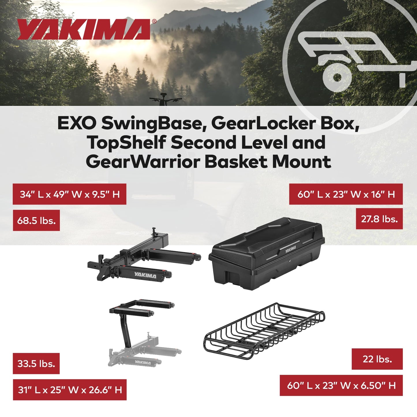 Yakima EXO SwingBase Hitch Rack Bundled with EXO GearLocker Rooftop Box, EXO TopShelf Hitch Base Rack Storage, and EXO GearWarrior Basket Mount, Black