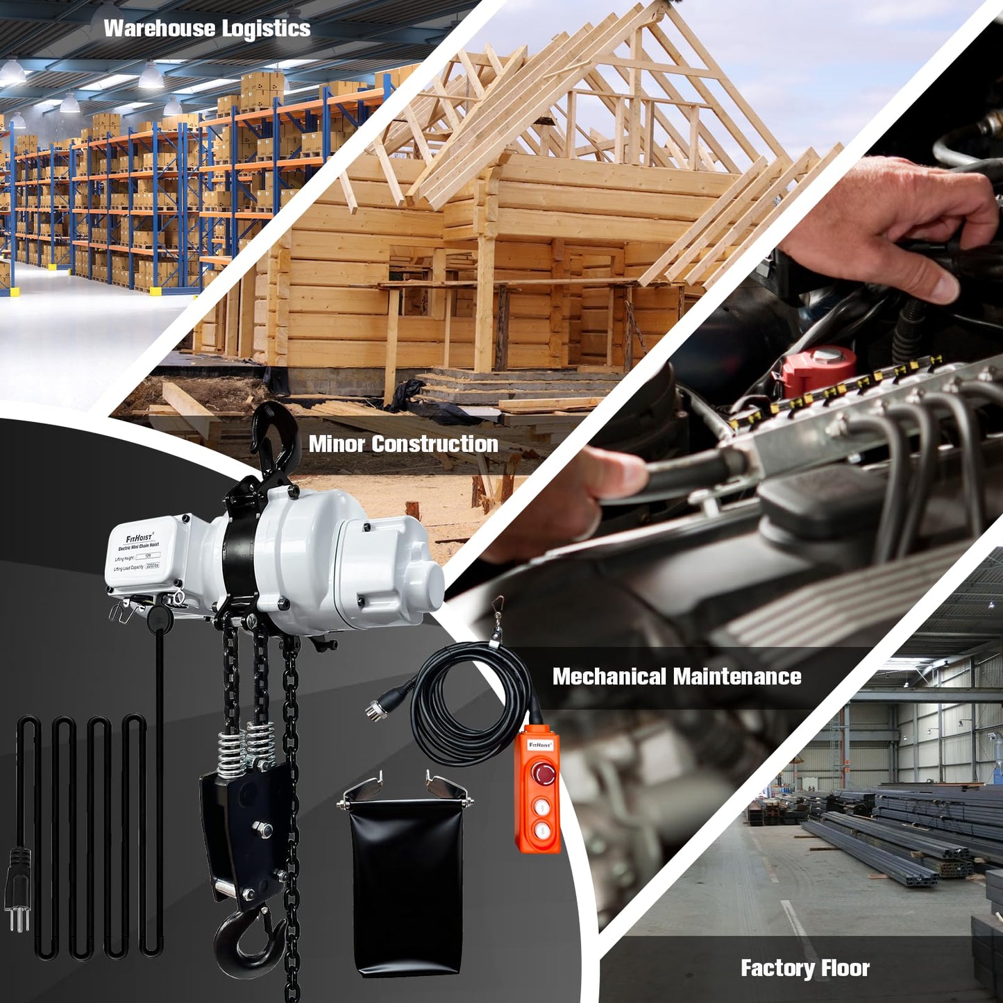 Electric Chain Hoist 2200lbs, 110V Electric Hoist, 10ft Lift Height, Single Phase Overhead Crane with Two 360° Rotatable, DT Grade Carburized Double Chain, for Garage Ceiling, Factories
