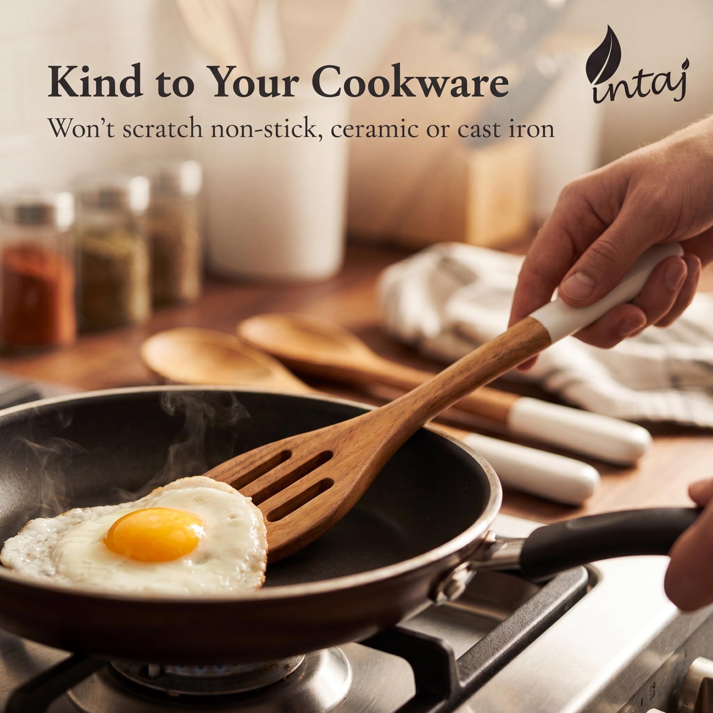 INTAJ Wood Kitchen Utensil Set – Handmade Wooden Spoons & Spatula for Cooking and Serving 5-Piece Acacia – Durable, Smooth Surface & Gentle on Cookware – Easy to Clean Kitchen Tools