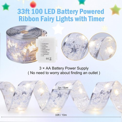Minetom Christmas Tree Ribbon String Lights - 33ft 100 LED Battery-Powered Fairy Lights with Timer