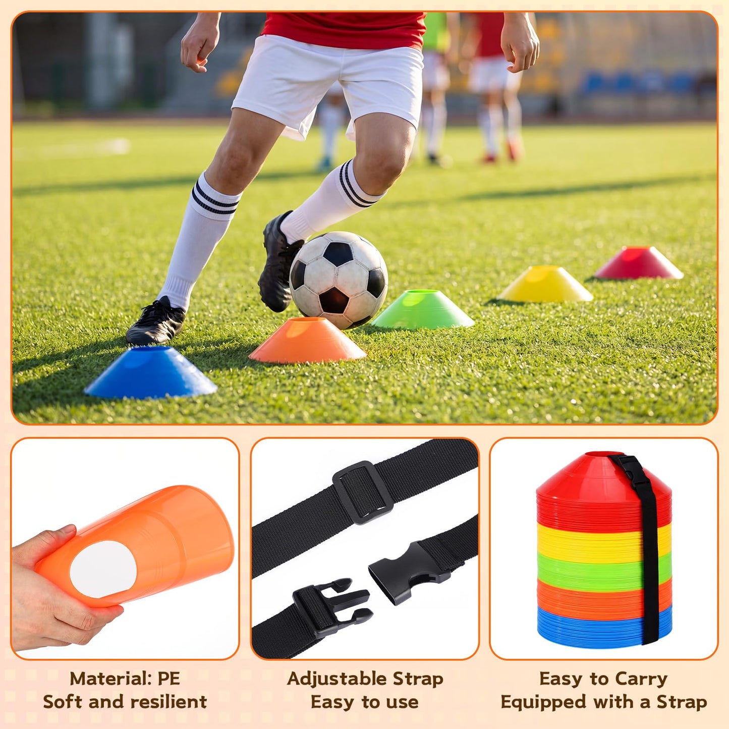 Yunsailing 204 Pcs Soccer Cones with Straps Set, Disc Training Cones Bulk Agility Cone Sports Cone for Drills, Challenge, Football, Basketball, Skating, Coaching, Practice Equipment, Indoor, Outdoor