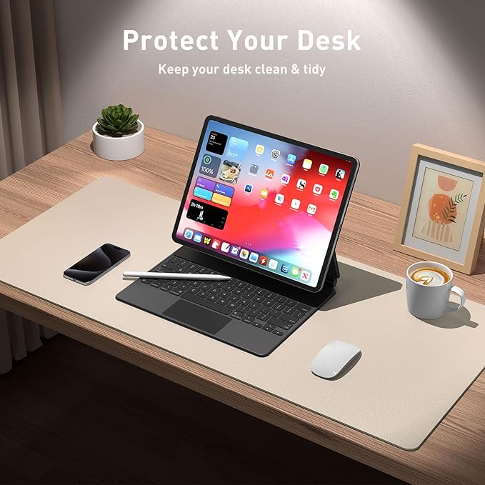 Aothia Large PU Leather Desk Pad Protector – Non-Slip Mouse Pad & Writing Mat for Office/Home, Waterproof, Easy to Clean (31.5" x 15.7", Eggshell)