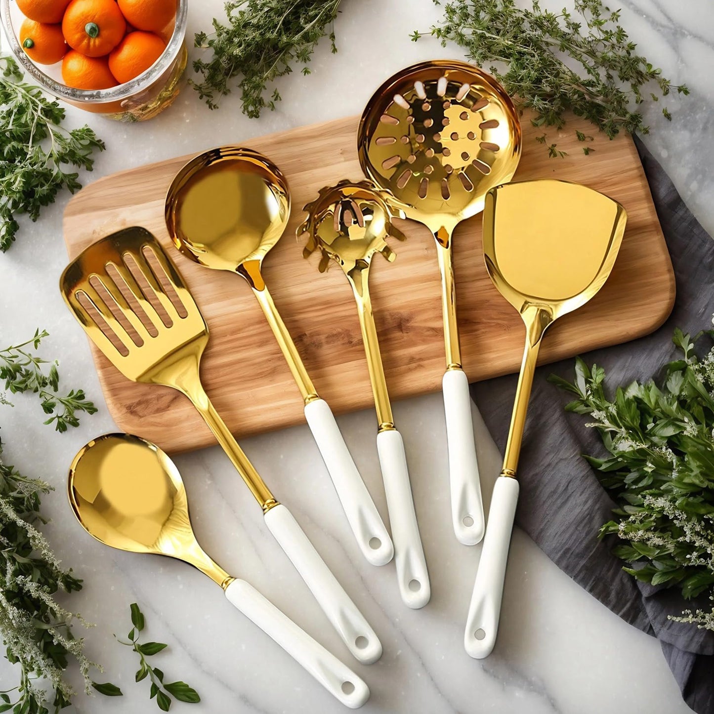 Stainless Steel Gold Kitchen Utensils Set with Holder & Spoon Rest, Durable Kitchen Accessories Includes 6 Cooking Utensils, 1 Hanging Rack,1 Ladle Holder, Easy to Clean, Modern Countertop Décor
