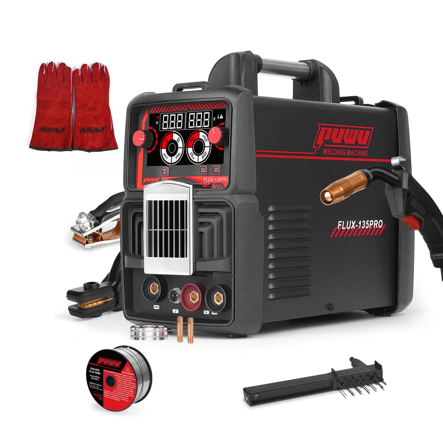 PUWU 135Amp 110V MIG Welder,Flux Core MIG/Lift TIG/Stick 3-in-1 Multiprocess Welder,IGBT Inverter Large LED Digital Display Welding Machine(BLACK)
