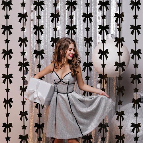 Menstarsi Black Bow Party Decorations - 2 Pack Foil Fringe Curtains | 3.3 X 6.6 ft Backdrop for Events