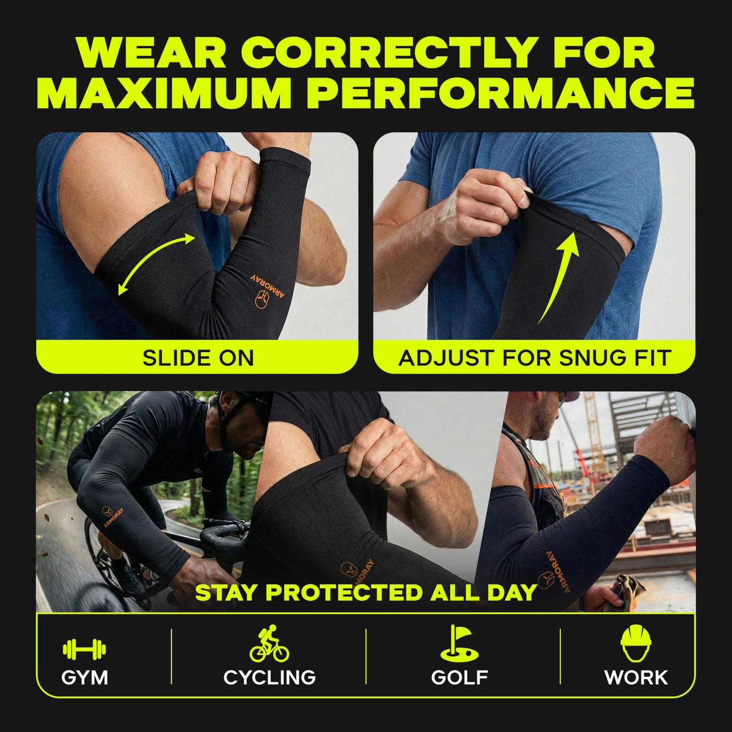 ARMORAY Arm Sleeves for Men & Women - 4 Pair UV Sun Protection Cooling Compression - Tattoo Cover Up Sleeve for Daily Wear & Work (Black)