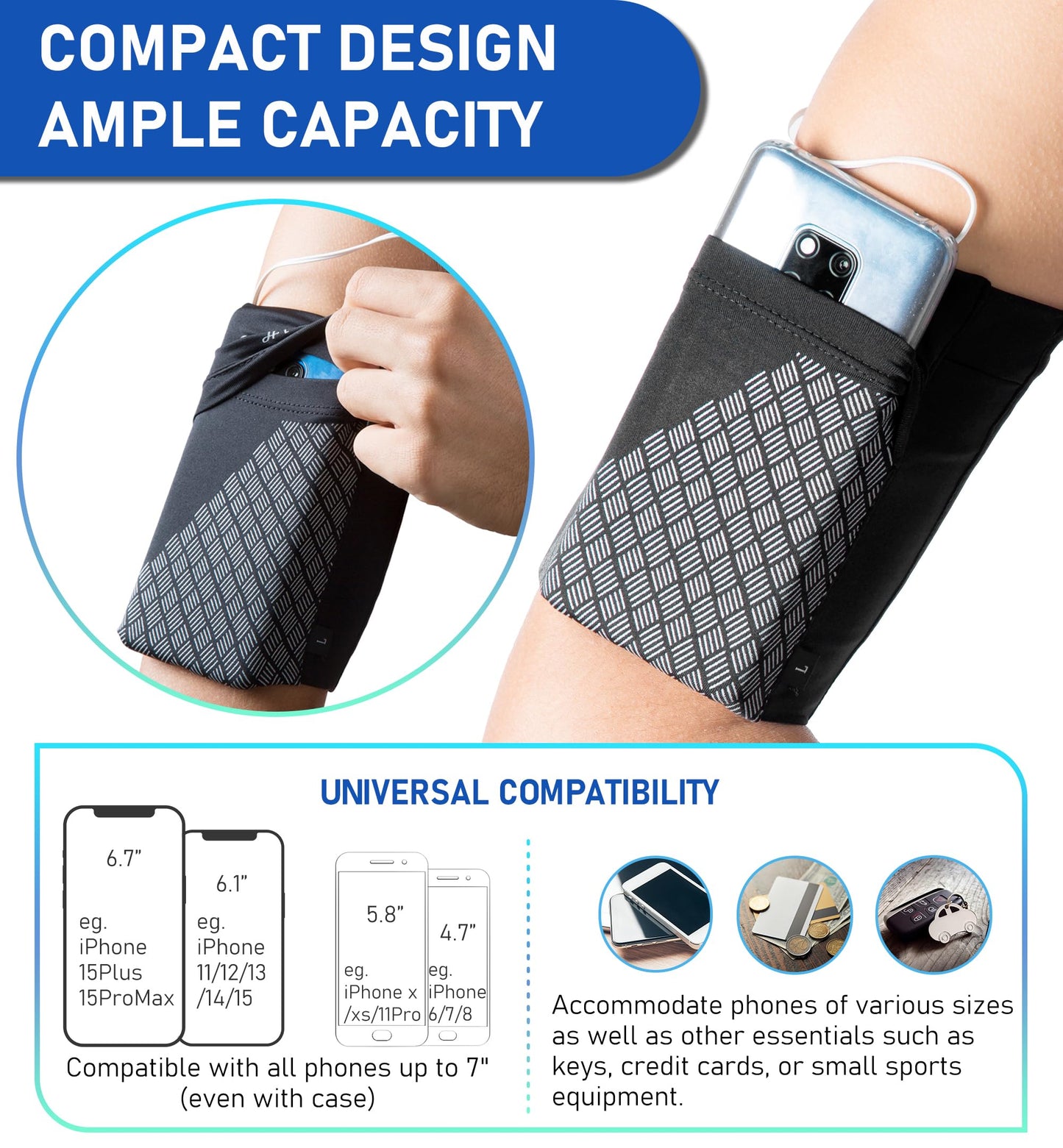 HiRui Universal Sports Armband Cell Phone Armband Sleeves Running Armband for Exercise Workout, Compatible with iPhone 17/17Plus/Pro/16/15/15Plus/14 Samsung Galaxy All Phones (Medium, Black)