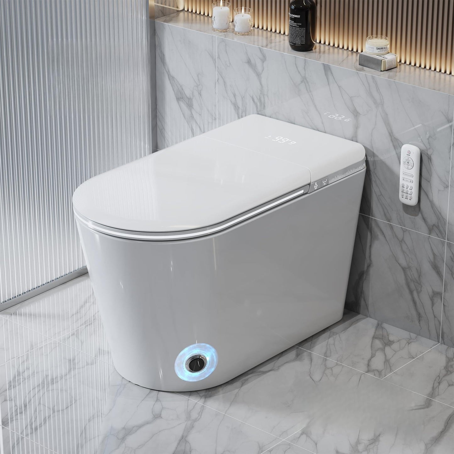 Smart Toilet with Auto Open/Close Lid for bedroom Heated Seat with Remote Control,Hidden Foam Shield, Multiple Cleaning Modes, Ambient Lighting,Soft Flush Feature Warm Water & Dryer