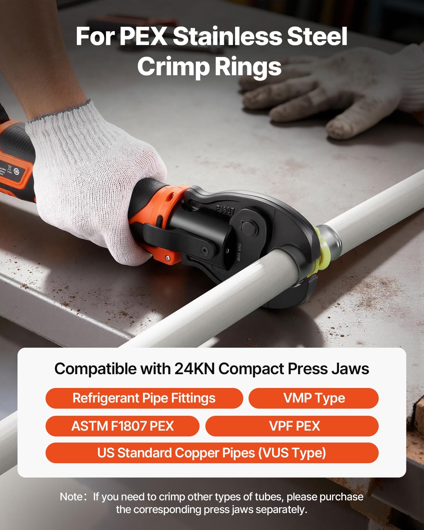 VEVOR Press Tool, 18V Electric Pipe Crimping Tool for 1/2" 3/4" 1" PEX Pipe Stainless Steel Rings, 24KN PEX Press Tool Compatible with PureFlow - with 3 VPF Jaws, 2pcs 2AH Batteries, Charger & Toolbox