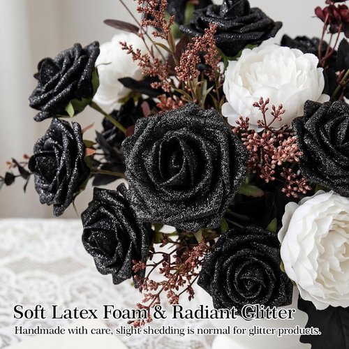 MACTING 30PCS Real Touch Foam Roses - Black Glitter Artificial Flowers for DIY Wedding Bouquets & Home Decor