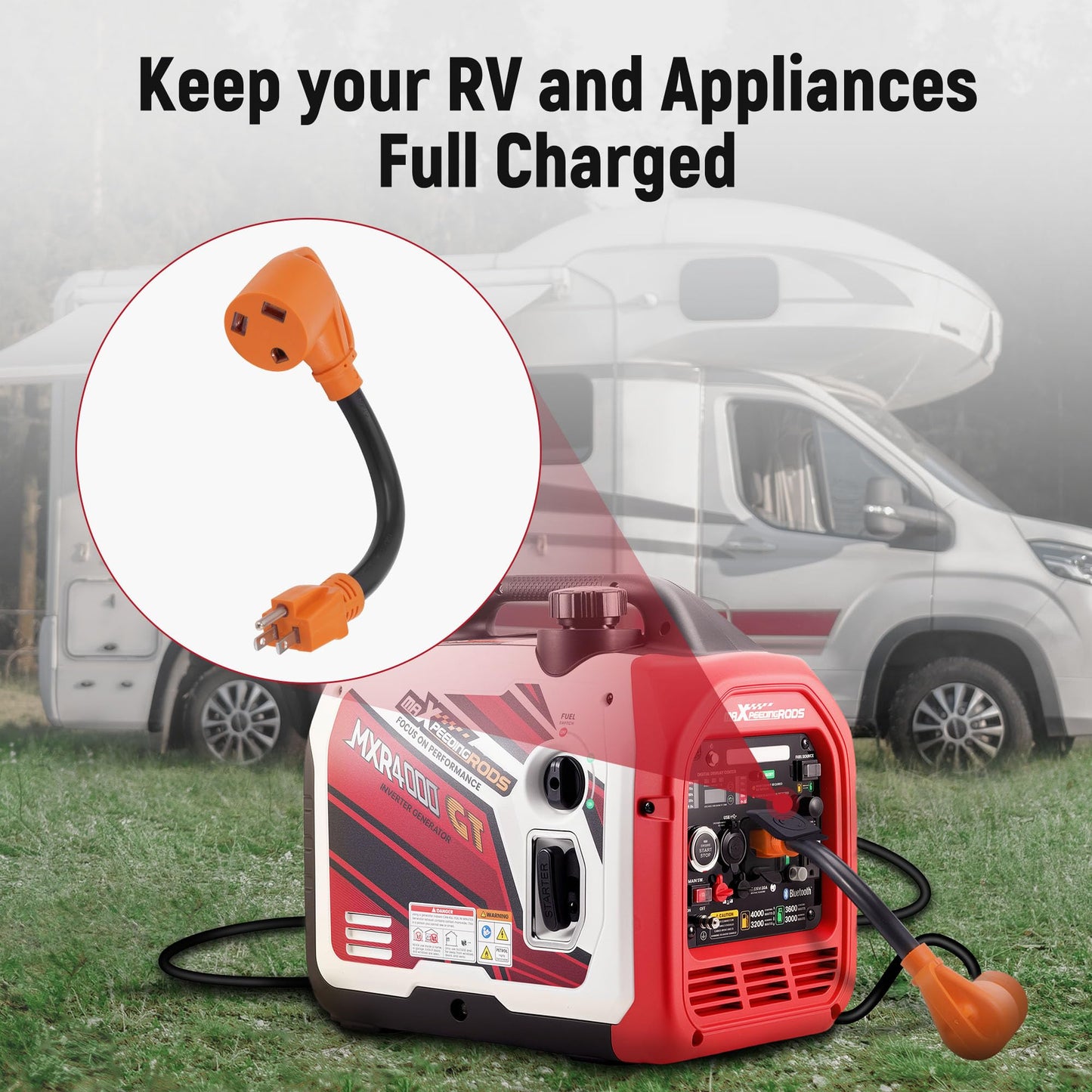 maXpeedingrods 4000 Watt Dual Fuel Inverter Generator with Bluetooth® Control Start, with RV Power Adapter Cord 15Amp to 30Amp, NEMA 5-15P to TT-30R
