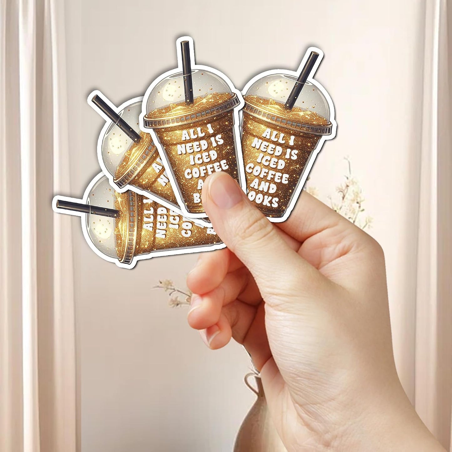 KIMAMZ Pack 4PCS All I Need is Iced Coffee and Books Stickers Reading Inspirational Waterproof Vinyl Decals Decor