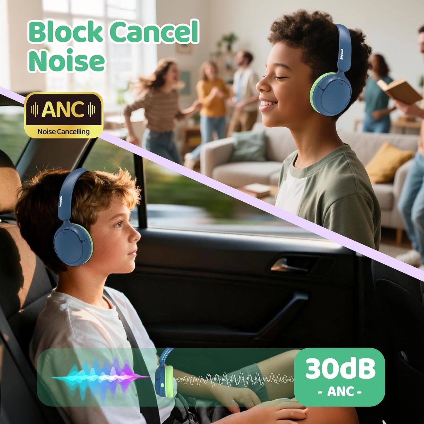 Cancelling,68H 85/94dB MIDOLA Kids Bluetooth Headphones Active Noise Play Time,Lightweight Wireless Foldable Over-Ear