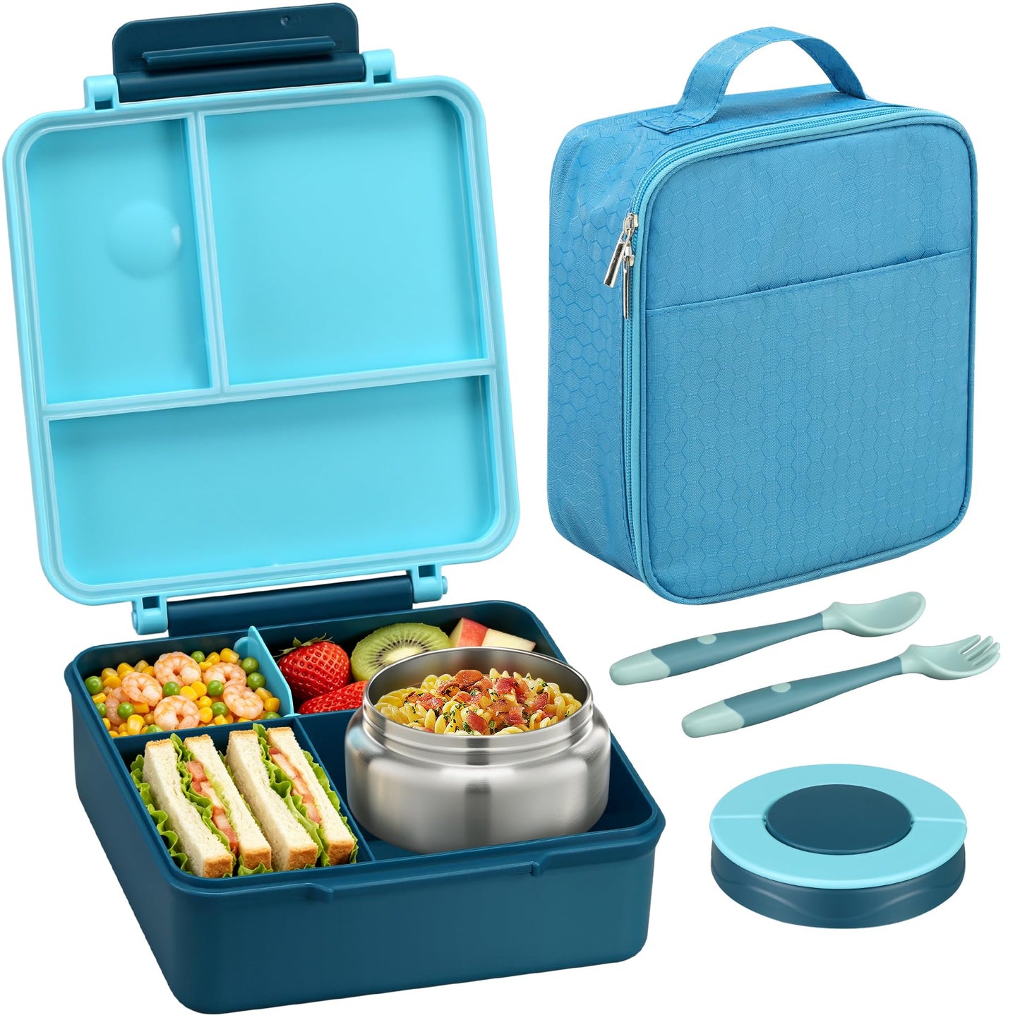 Itslife Bento Lunch Box for Kids with 8oz Soup Thermo&Lunch Bag, Leak-Proof Lunch Food Containers with 4 Compartment, Hot Food Insulated Food Jar for Kids School (Blue)