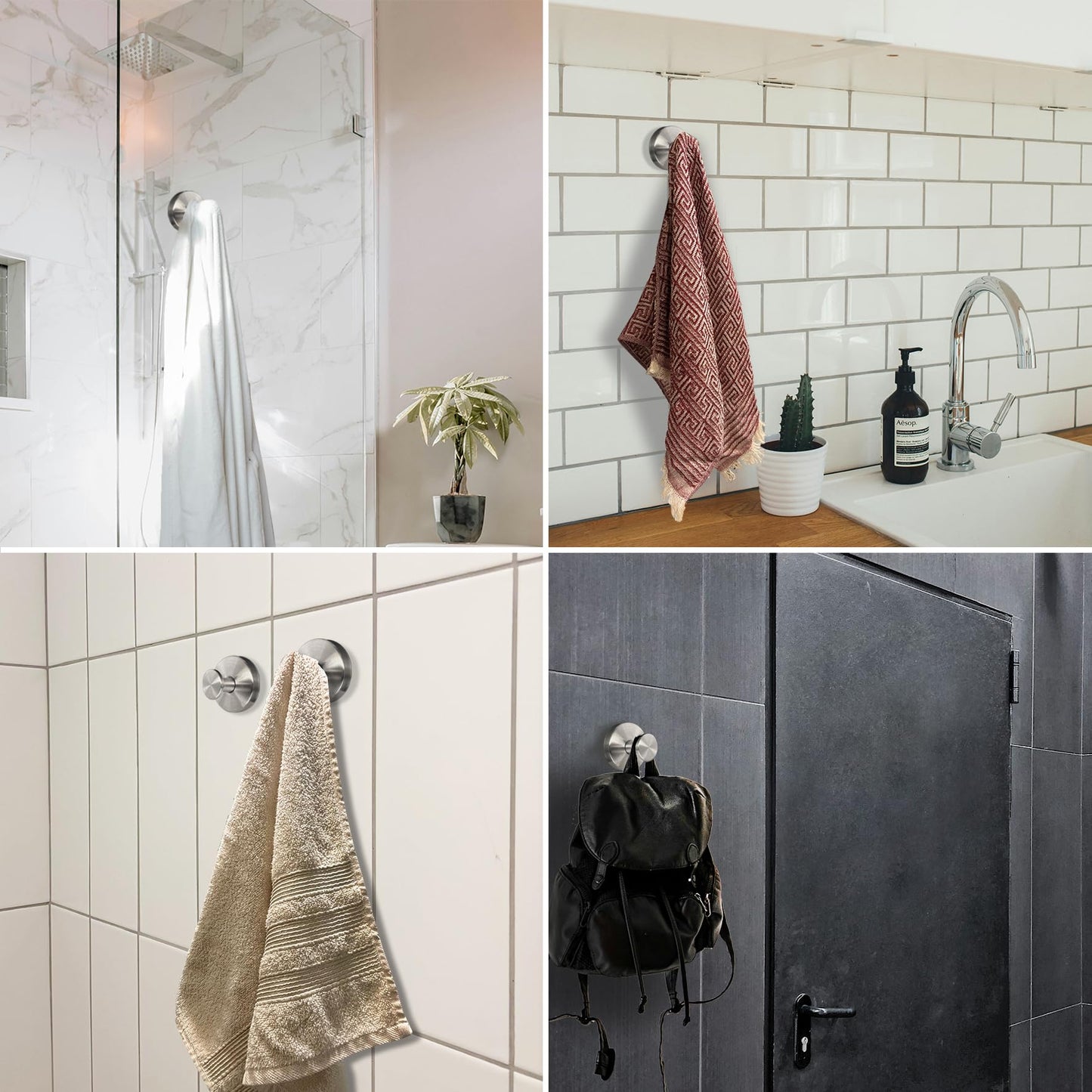Welsa Suction Cup Hooks for Shower - 2 Pack, Matte Black - Stainless Steel, Strong Suction, No Drill, Removable Hanger, Tile Bathroom Kitchen Wall, Glass Door, Mirror Hook Hanging Robe, Towel Holder