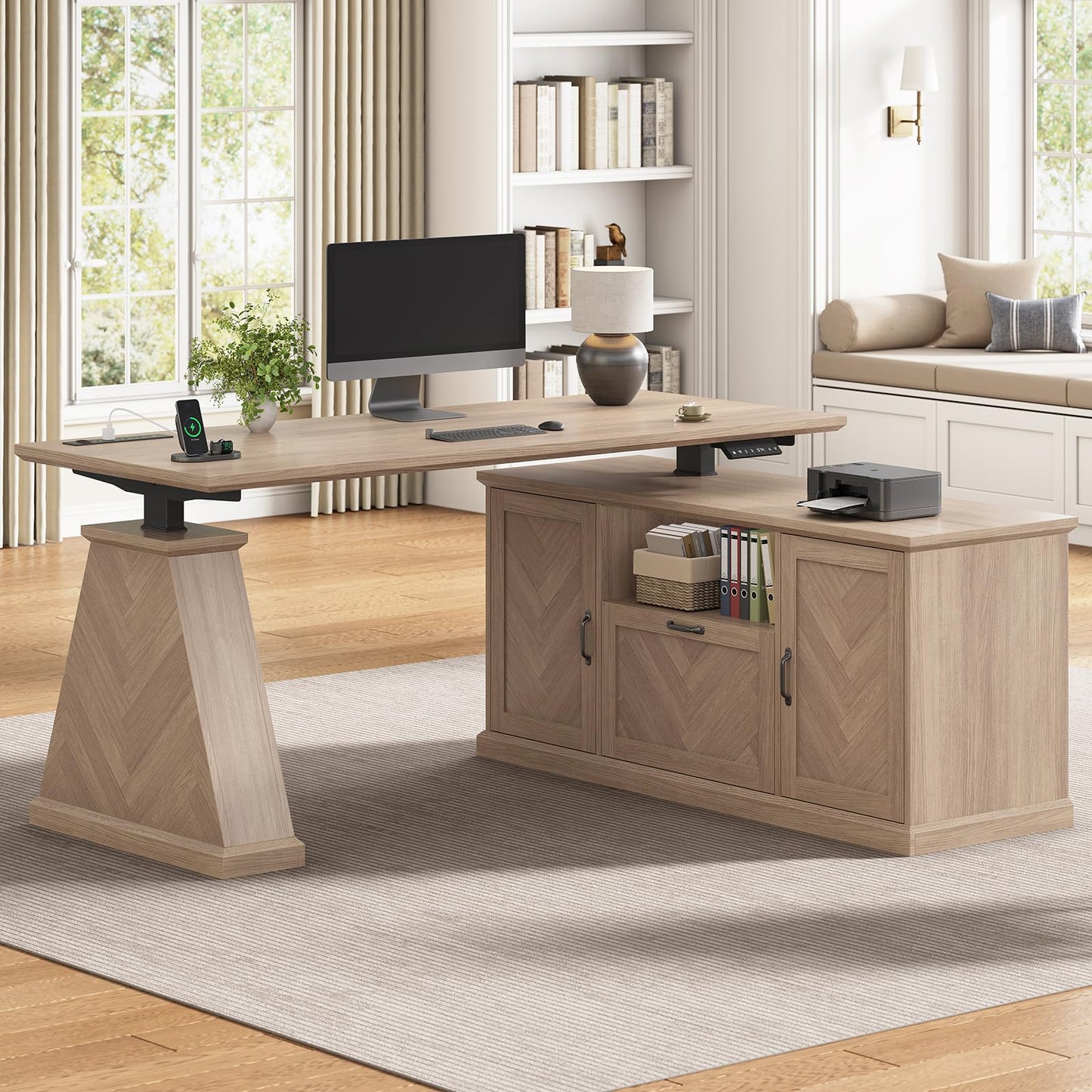 Farmhouse L Shaped Electric Standing Desk with Power Outlet & 2 Storage Cabinets, 55.1" x 47.2" Height Adjustable Office Executive Desk with File Drawer & Shelf, Large Business Computer Desks, Natural
