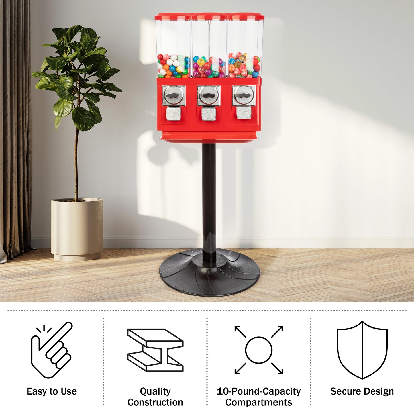 Gumball Machine - Triple Candy Machine Dispenser for Gumballs, Capsules, and Candy - Vending Machines for Business by Great Northern Popcorn (Red)