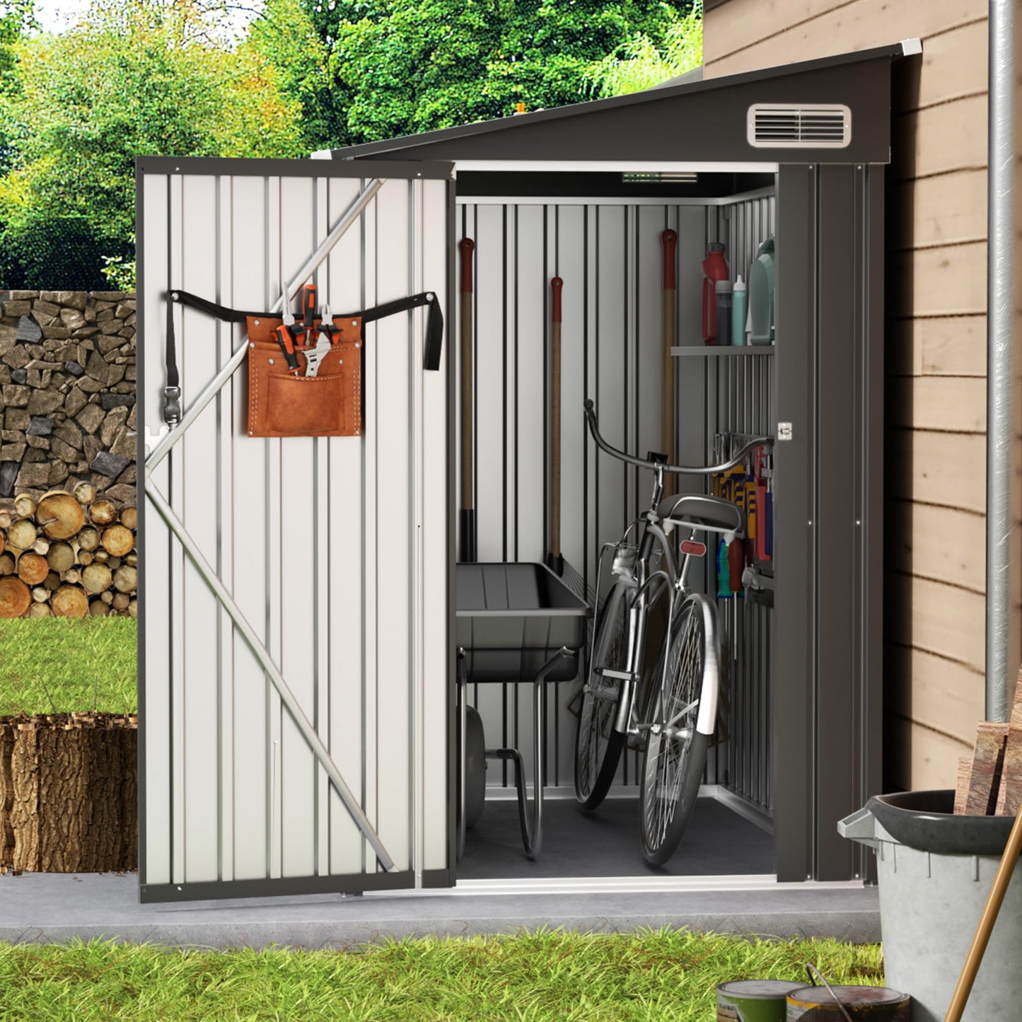 4x6 Lean to Yard Storage Shed, Outdoor Metal Wall Side Bike Shed with Lockable Door for Tool Garden for Patio Lawn Yard, Black