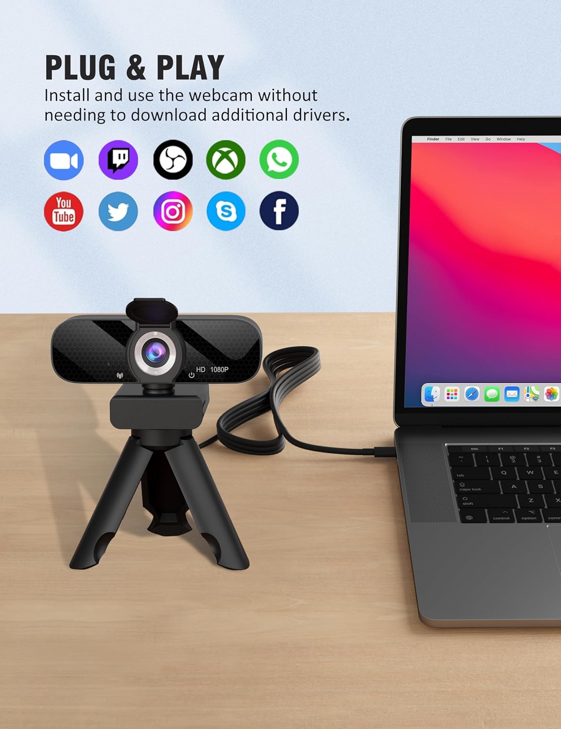 Tewiky 1080P Full HD Webcam with Built-in Microphone and Rotatable Tripod, Video and Wide Angle Camera, Privacy Cover