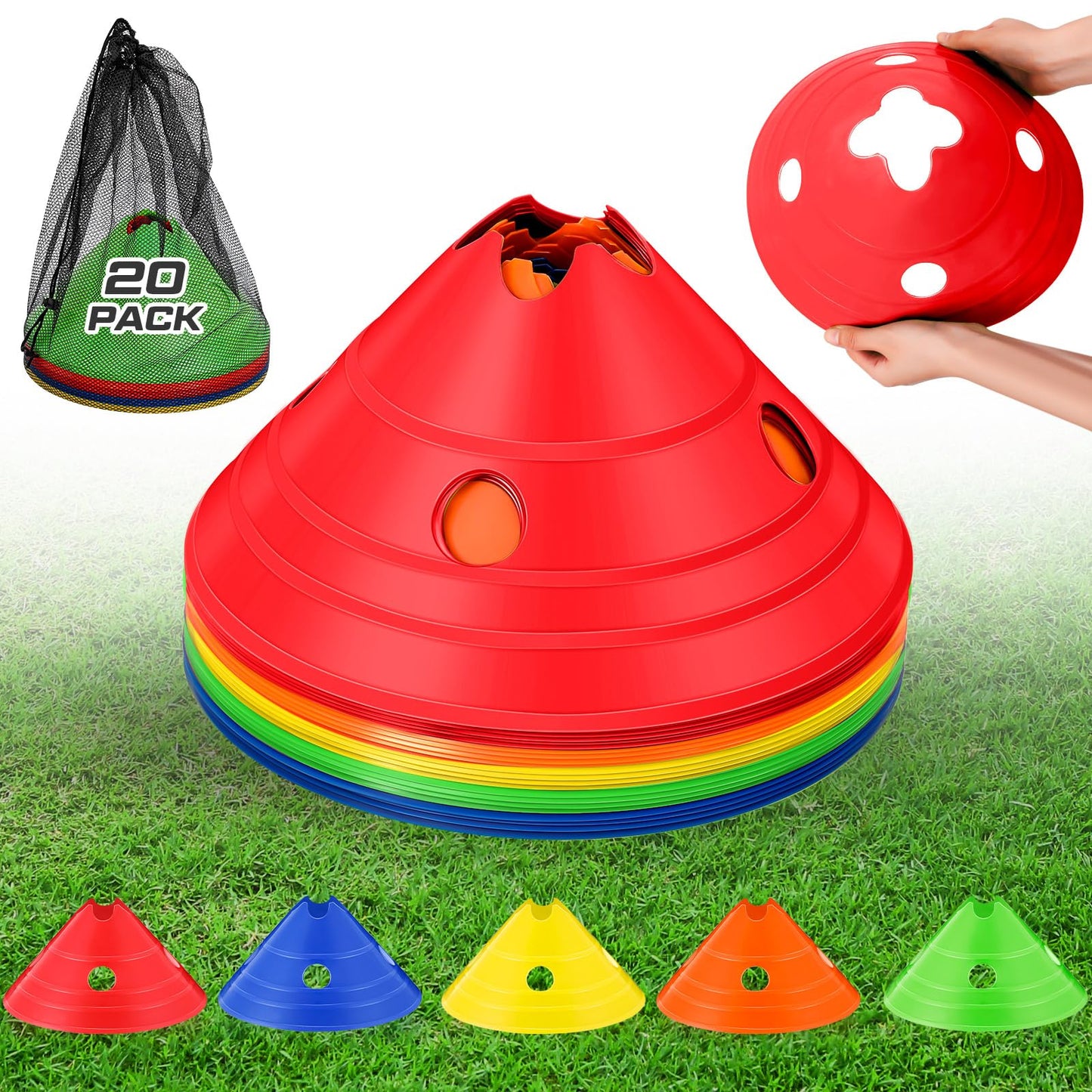 ShinyRelief Jumbo Disc Cones Jumbo Soccer Cones with Mesh Bag Giant Large Agility for Soccer Training Adult Sports(Multicolor,20 Pieces)
