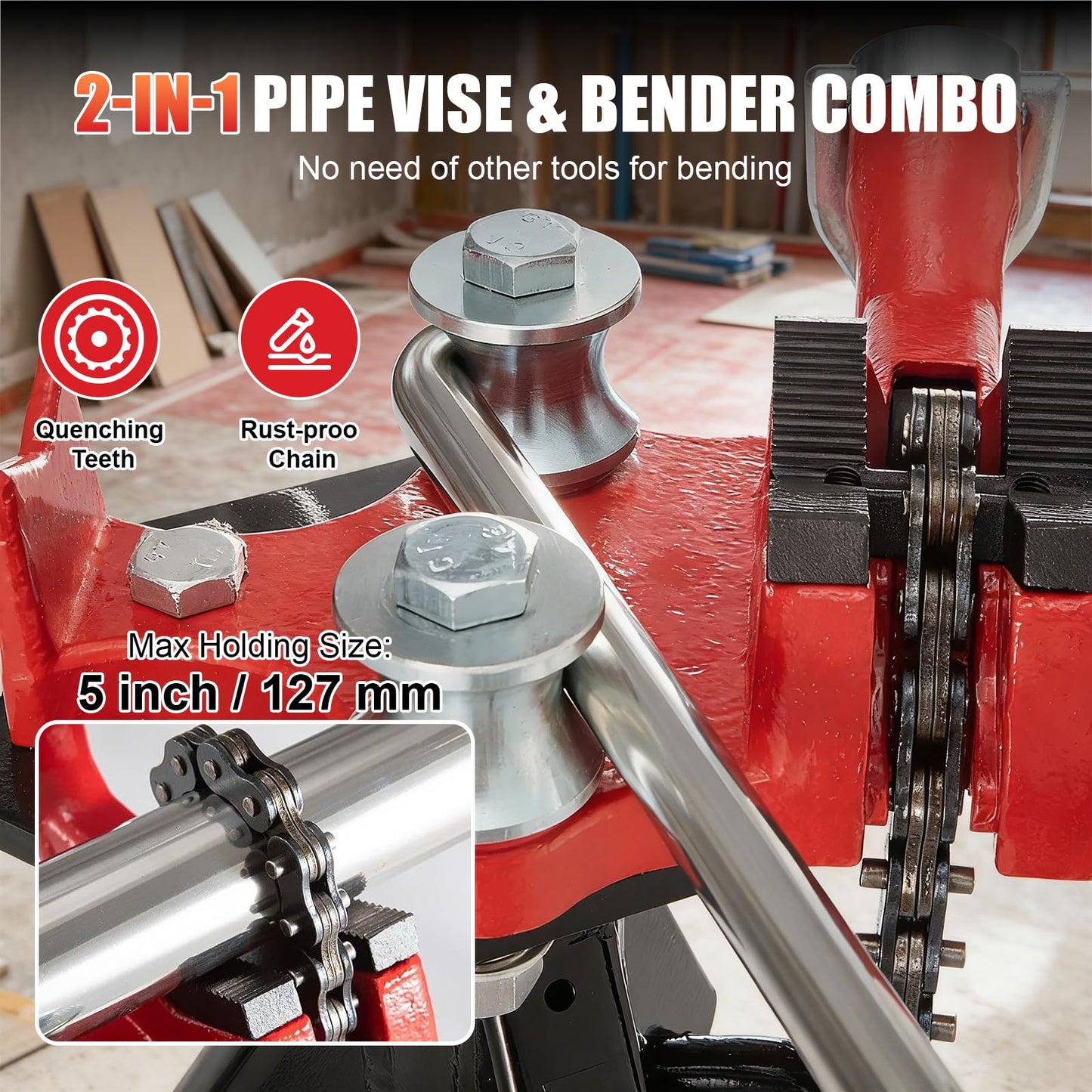 ALWALKEE Pipe Vise Stand with Chain, 2-in-1 Bender, 882LB Capacity, Folding Tripod for 1/8"-5" Pipes
