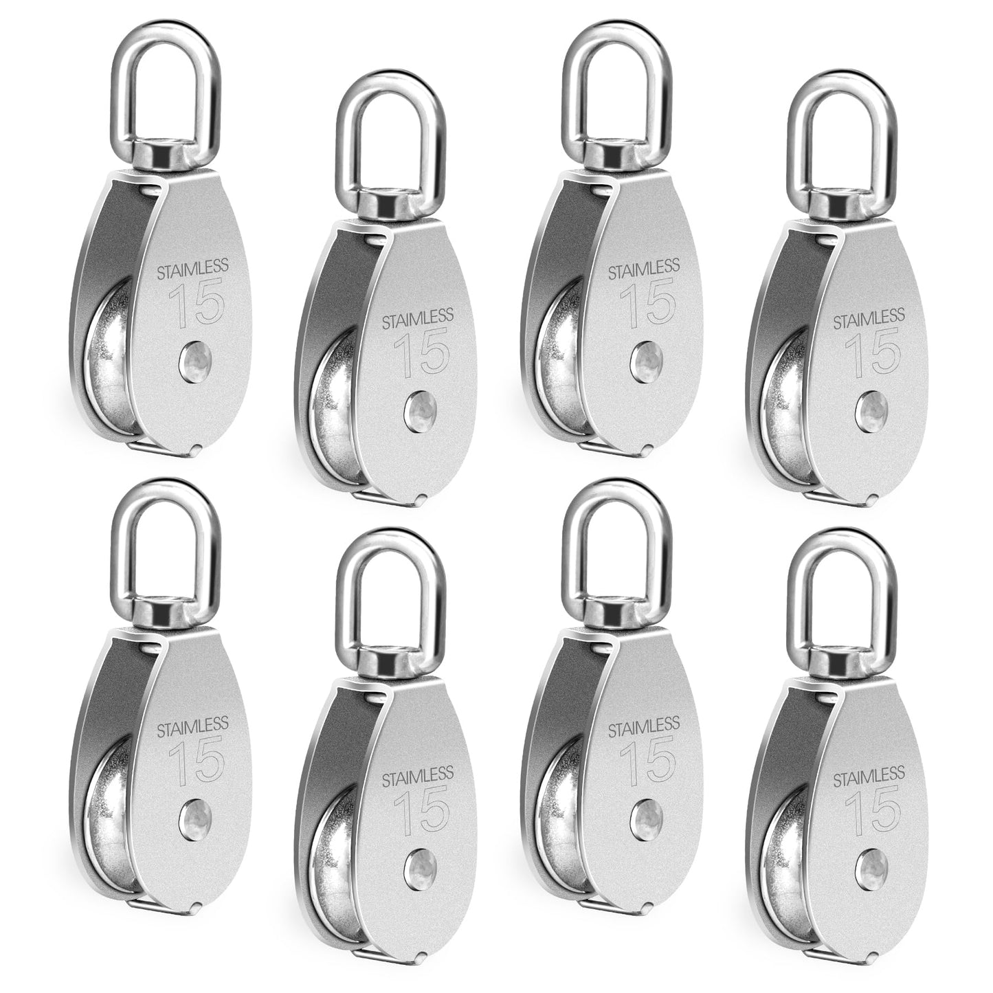 Cable Pulley Wheel Stainless Steel, 8 Pack M15 Single Pulley Snatch Block, Heavy Duty Lifting Crane Swivel Hook, Bearing Inside Rope Pulleys for Lifting System Gym Equipment Clothesline, 77 lbs Load