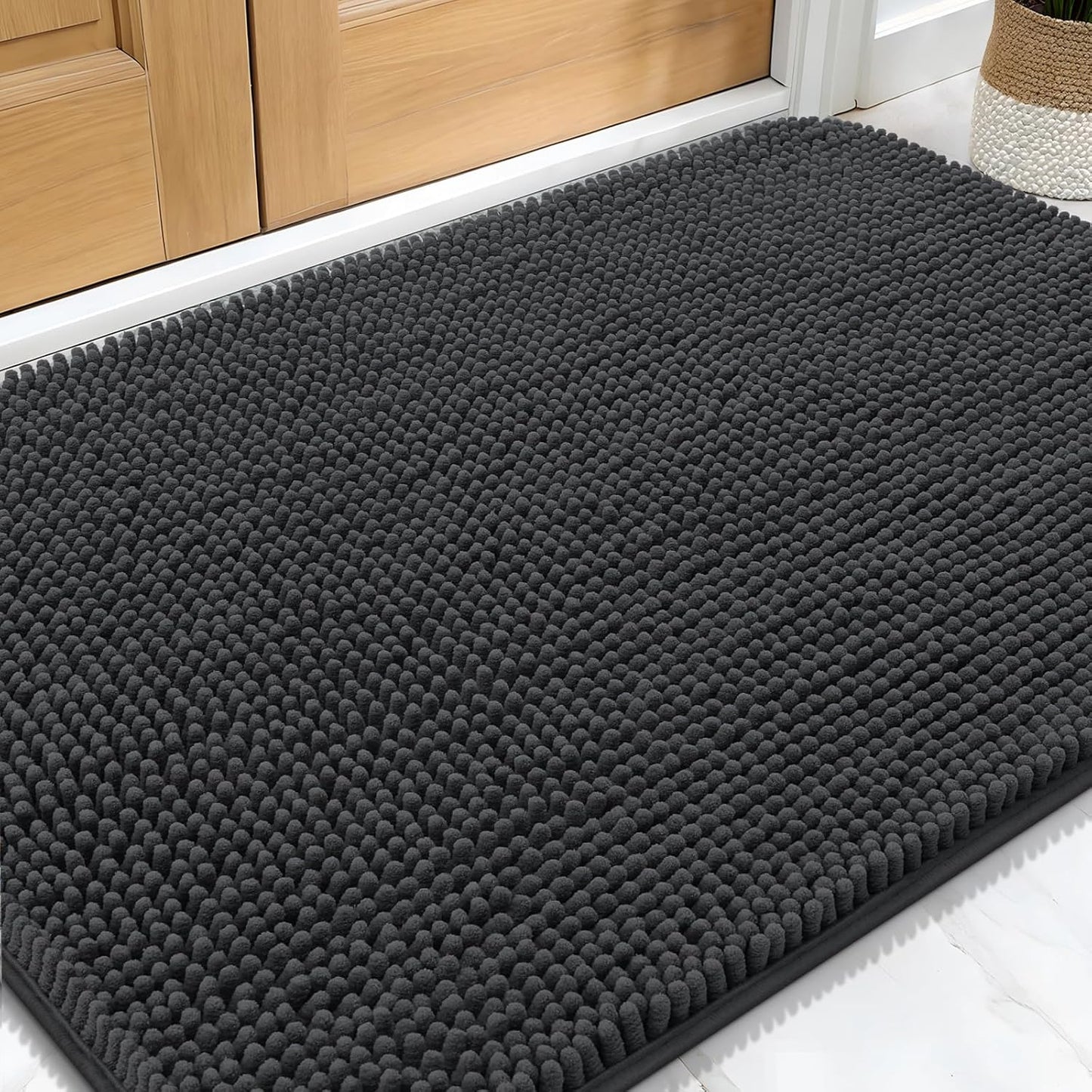 OLANLY Dog Door Mat - Absorbent Non-Slip Chenille Mat for Muddy Paws | 32x20 Dark Grey Indoor Carpet