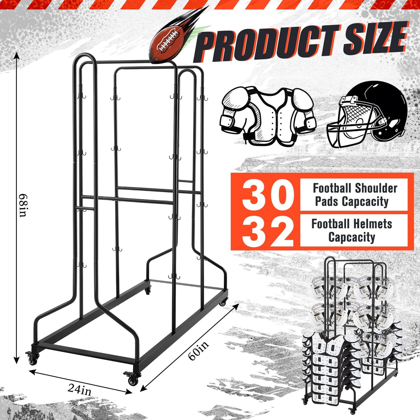 MorningRo Football Shoulder Pad and Helmet Rack Heavy Duty Sports Equipment Organizer with Locking Wheels for Adults Football Team Players Homecoming(Helmet Style)