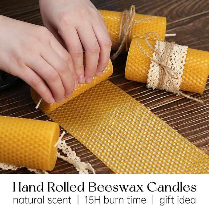 6 Packs Natural Beeswax Candles, Hand Rolled Honeycomb Beeswax Pillar Candles, Pure Bee Wax Gifts for Candle Lovers,Home Decor, Air Purify (2x4 in)