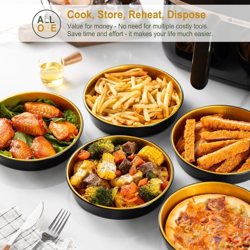 Air Fryer Foil Liners - 20 Pack | 7-Inch Round Disposable Aluminum Pans, High-Heat Safe, Food-Grade Black & Gold