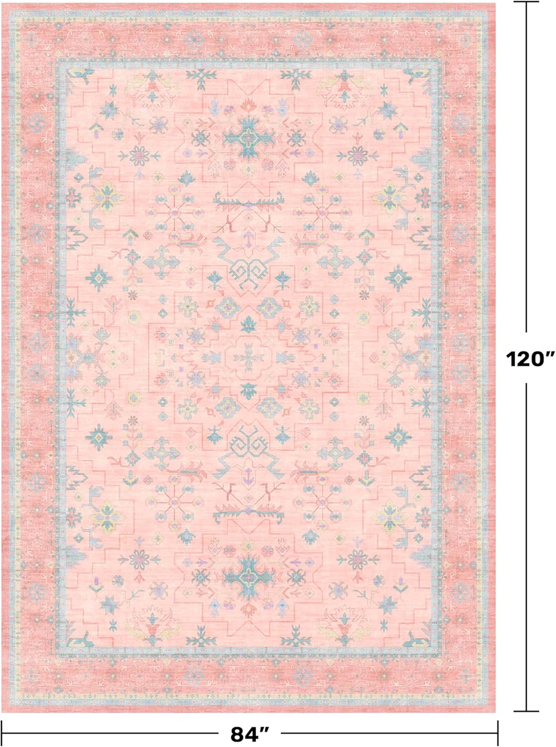 Oushak Rugs | Washable Pink & Blue 7x10 Area Rug - Modern Floral Design, Soft Non-Slip Carpet