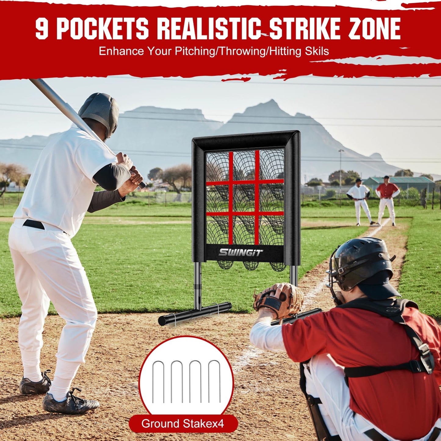 Upgrade 9 Hole Baseball Pitching Net with Strike Zone, Professional Heavy Duty 9 Pocket Softball Pitching net, Throwing Target Portable for Accuracy Training Practice Net, Adjustable Height