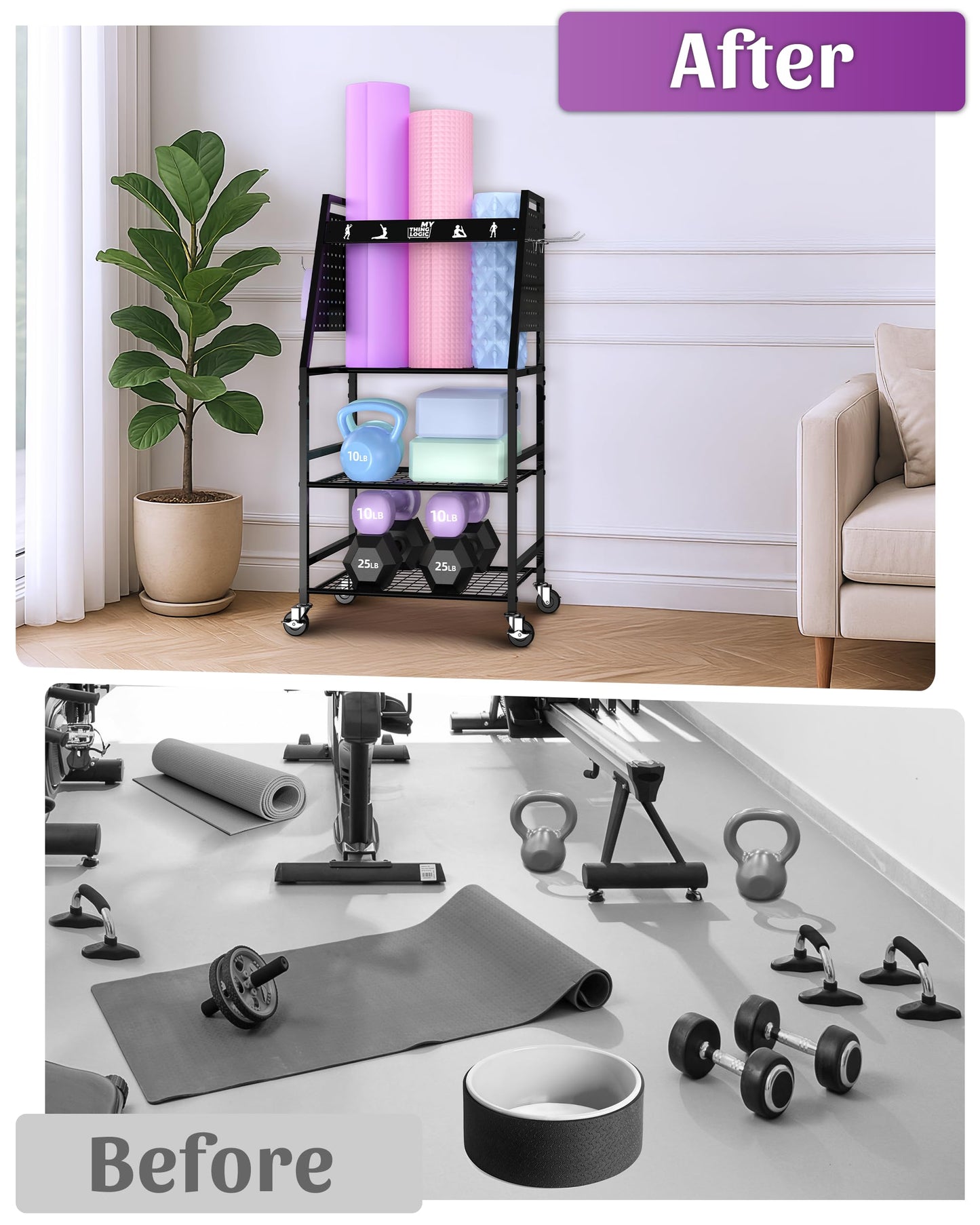 Mythinglogic Yoga Mat Storage Racks,Home Gym Storage Rack for Dumbbells Kettlebells Foam Roller, Yoga Strap and Resistance Bands, Workout Equipment Storage Organizer With Hooks and Wheels (New Black)