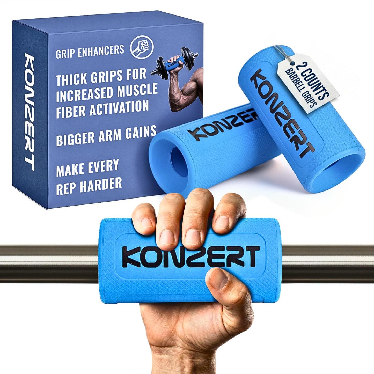 Konzert 2.25 Inch Diameter Thick Grips - Increase Handle Diameter Of Dumbbell, Barbell, Pull Up Bar & Cable Handle for Arm Strength And Enhanced Muscle Activation
