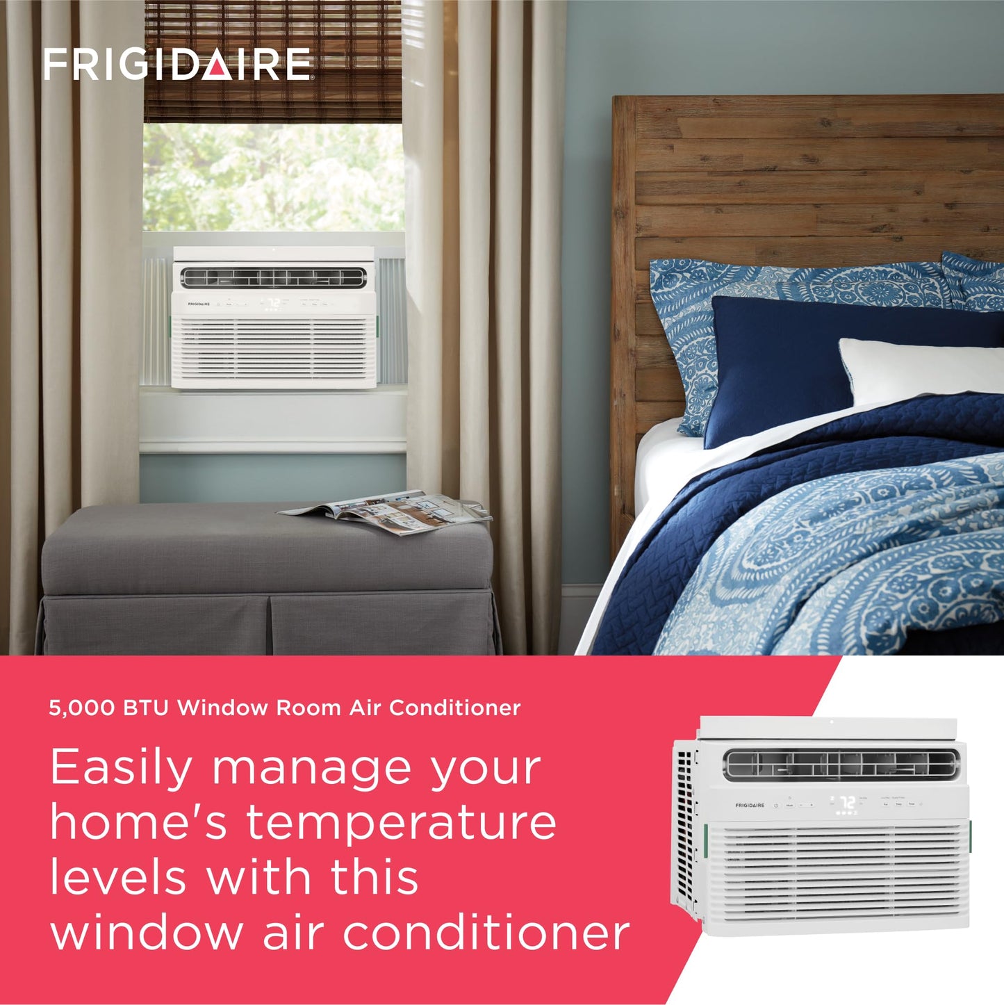 Frigidaire 5,000 BTU Window Air Conditioner with Remote Control, Cools Up to 150 Sq. Ft., Quiet Operation, Eco Mode, 3 Fan Speeds, Auto Restart, White