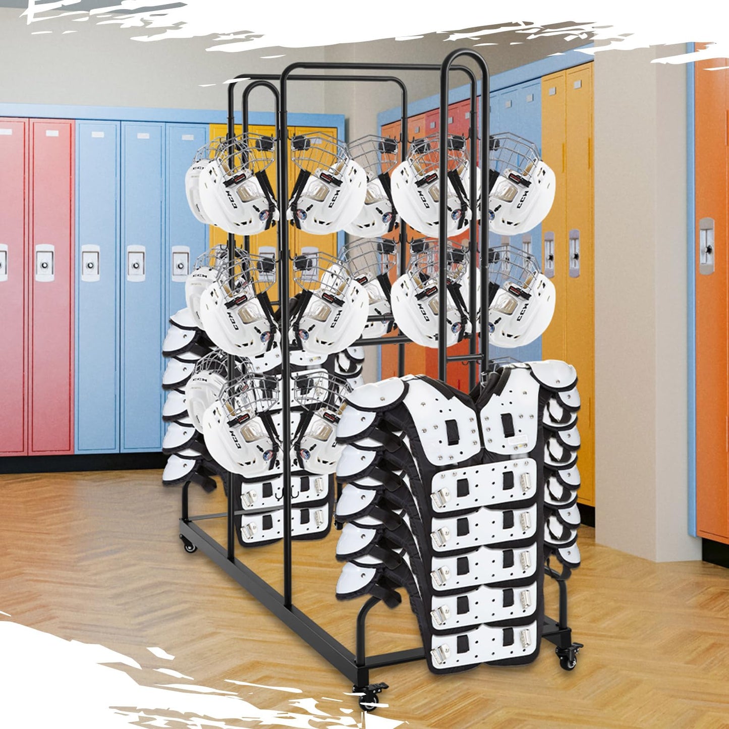 MorningRo Football Shoulder Pad and Helmet Rack Heavy Duty Sports Equipment Organizer with Locking Wheels for Adults Football Team Players Homecoming(Helmet Style)