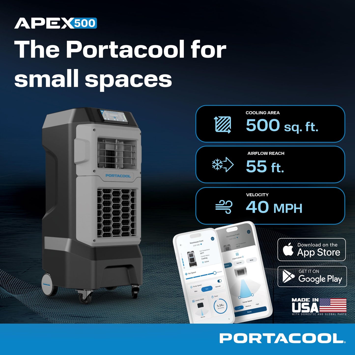Portacool Apex 500 (PACA05001A1) – Wi-Fi Enabled High Velocity Portable Evaporative Cooler for 500 sq. ft. with up to 55-foot Reach, Oscillating Louvers, Programable, 13 Gallon Reservoir, Variable Spd