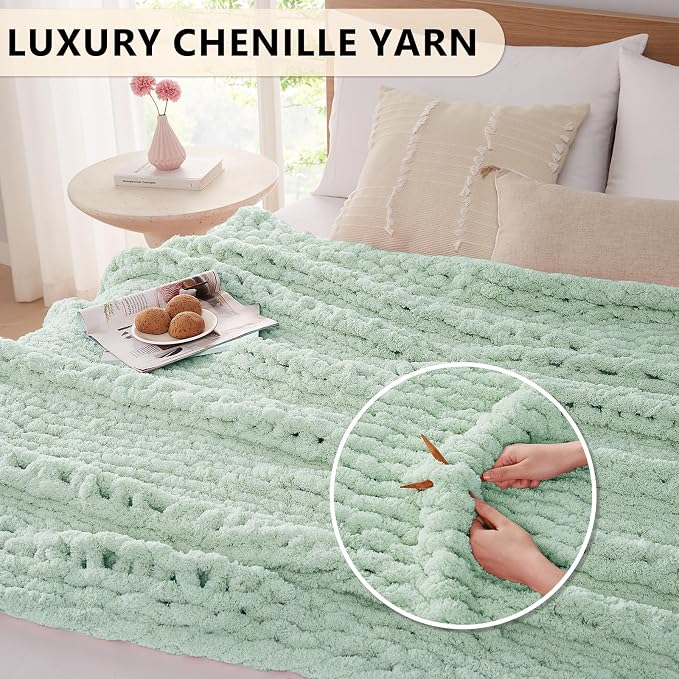 L'AGRATY Chunky Knit Blanket Throw: 50''x60'' Chenille Chunky Knitted Throw Blankets for Bed Couch - Handmade Thick Big Cable Knit Blanket - Large Crochet Rope Blankets for Home Decor(Milky Green)