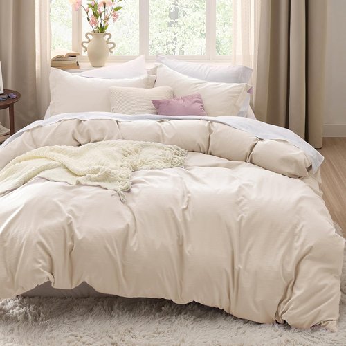 Bedsure Oat Milk Duvet Cover Full Size - 3 Pieces Prewashed Extra Soft Cotton-Like Polyester Bedding Set, Includes 1 Duvet Cover 80x90 Inches with Zipper Closure & 2 Pillow Shams, No Comforter