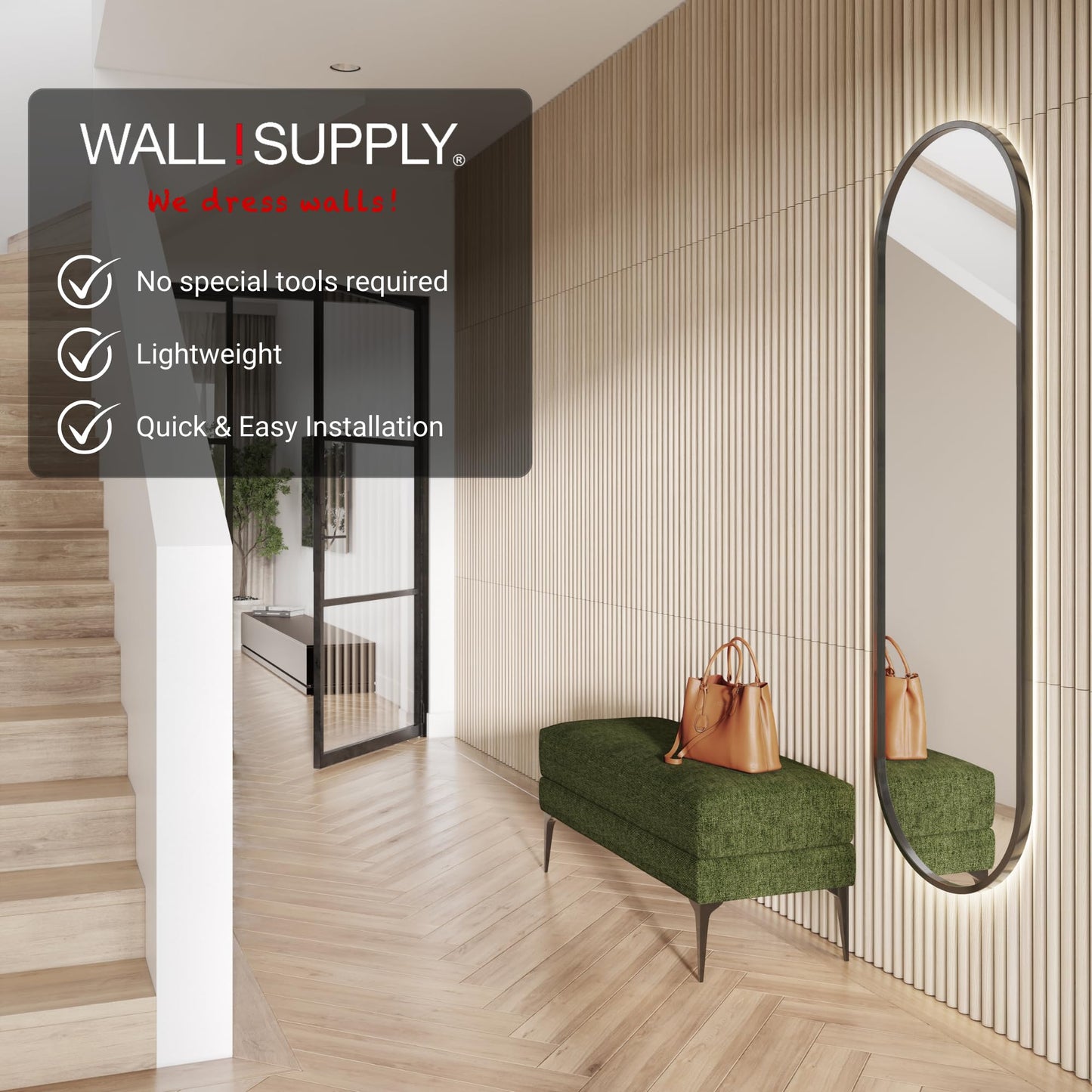 Wall!Supply 3D Wall Panels – Faux Natural Wood Round Slatted – Lightweight Foam (EPS) – Wallpaper Alternative – Easy DIY Installation – 4 Pack, Covers 24.96 Sq Ft