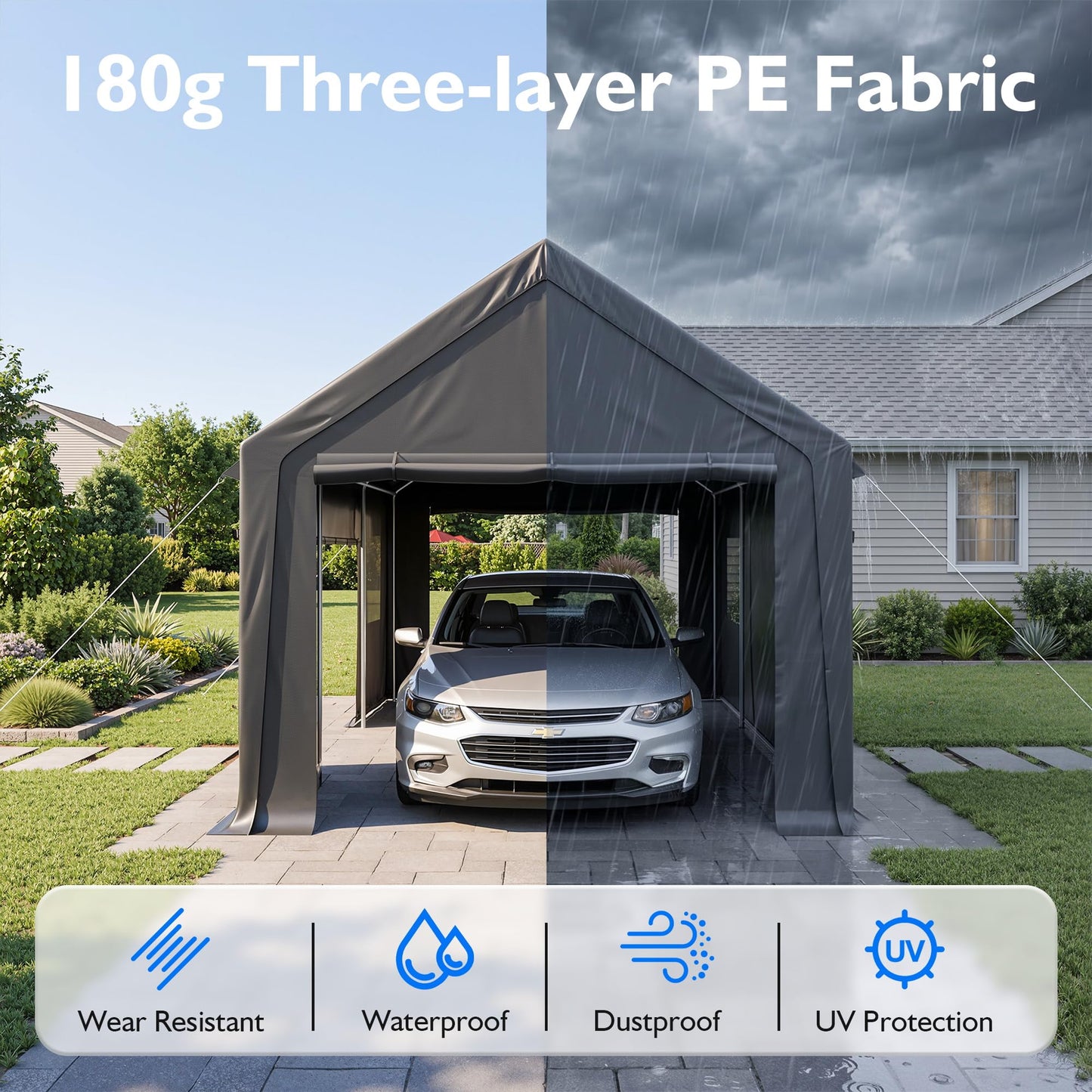 AirWire 12x20 FT Heavy Duty Carport, Portable Car Tent Garage with Roll-Up Windows & Side-Opening Door, Enclosed Car Port Canopy with Reinforced Four-Hole Base for Car, Truck, Boat