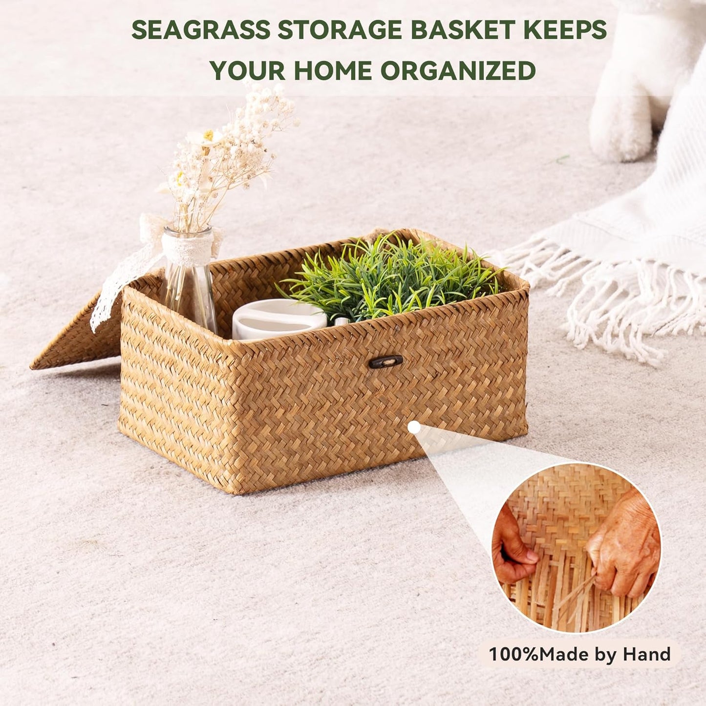 Nonam Storage Basket Set of 3 - Natural Seagrass Bins with Lids for Boho Home Organization