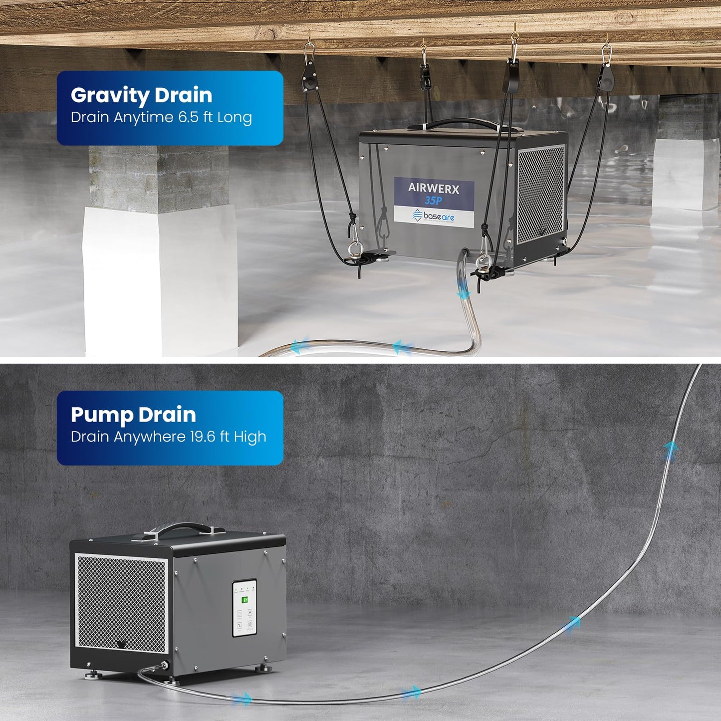 BaseAire Crawlspace Dehumidifier with Pump, Compact Dehumidifiers for Commercial, Basement and Water Damage with Drain Hose, 70 PPD, Auto Defrost, GLGR Technology, Up to 1000 Sq Ft