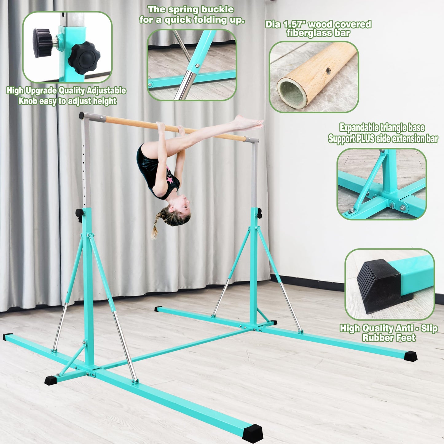 Gymnastics Bar, 5'10” Base length 45" to 71" Adjustable Horizontal Bar for Serious Training, 500 LBS Capacity, Professional Home Gym Equipment with Competition-Grade Beech-covered Fiberglass Bar