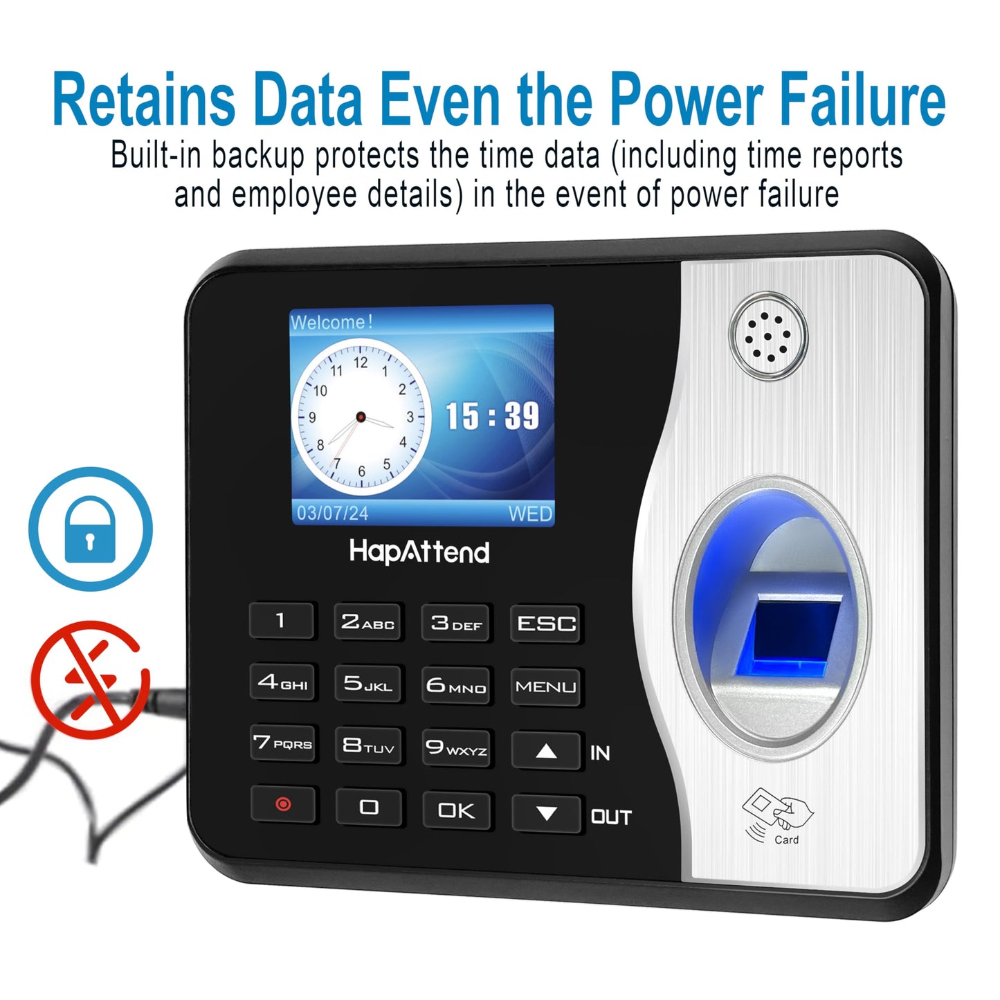 HapAttend Time Clock Bundle with 15 RFID Cards, 0 Monthly Fees Standalone Biometric Time Attendance Punch Machine with Fingerprint, RFID and PIN