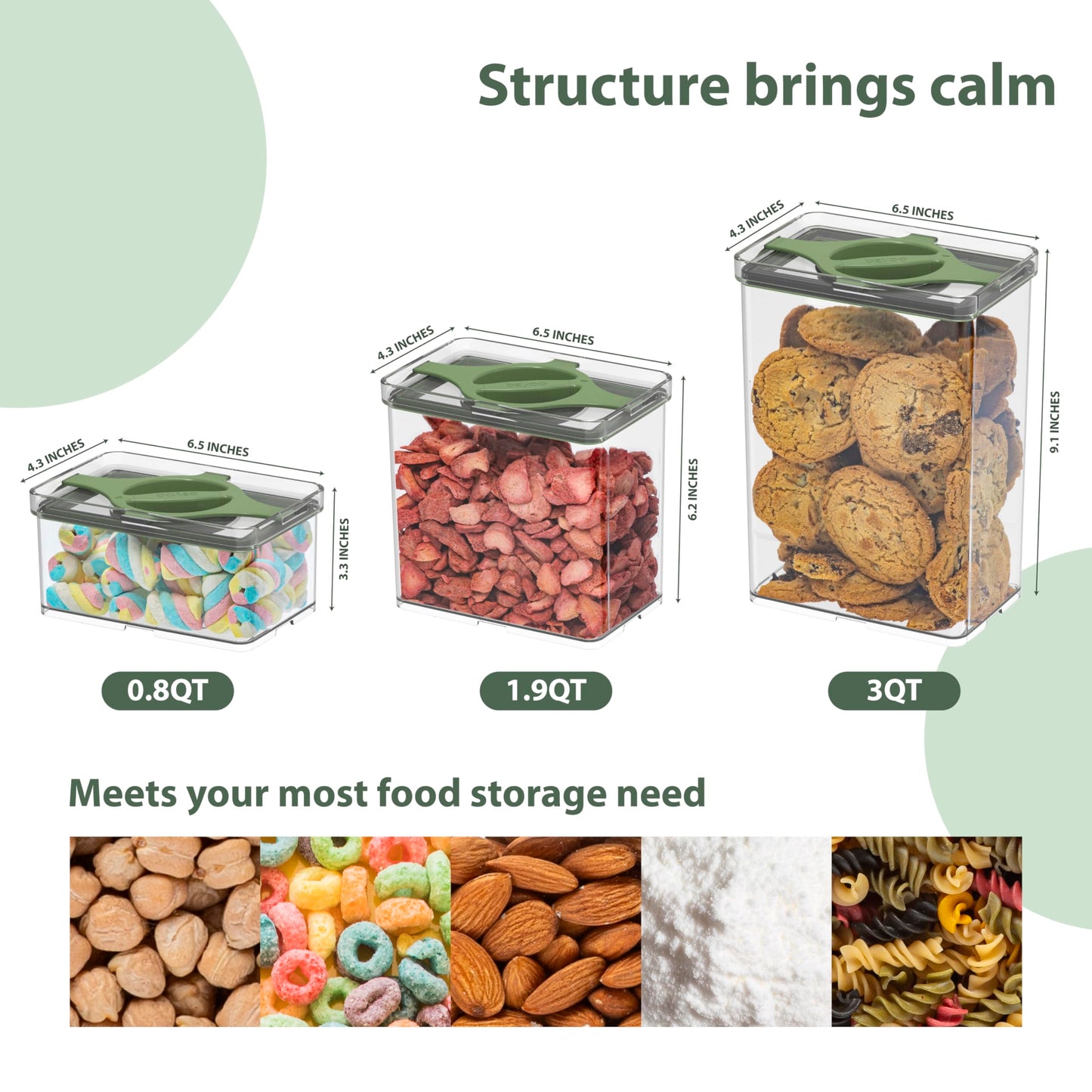 Prestoor Leakproof Food Storage Container Set with Twist-Lock Lids, 3-Pack BPA-Free Stackable Pantry Canisters for Sugar, Flour, Pasta, Snacks(0.8qt (3.2 Cup), 1.9qt (7.6 Cup), 3qt (12 Cup)- Green